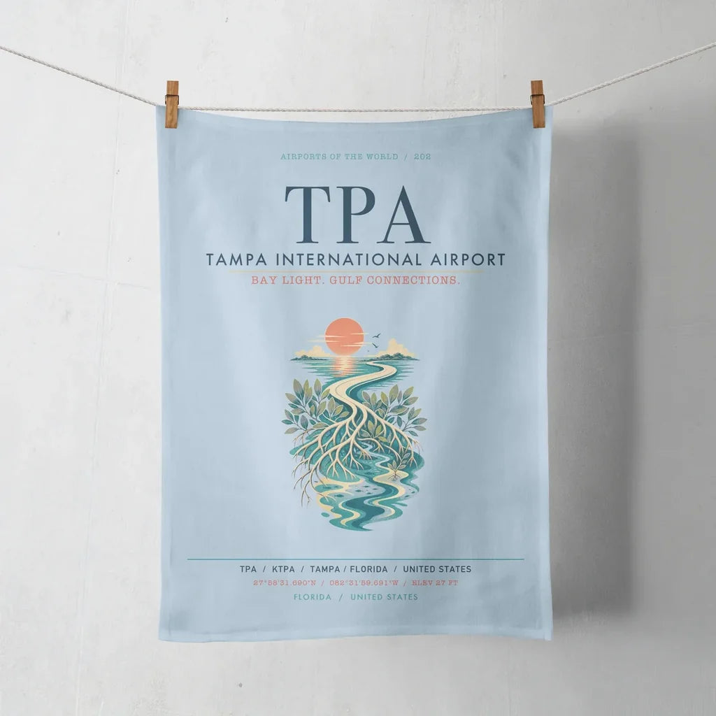 Tampa International Airport (TPA) design on light blue towel
