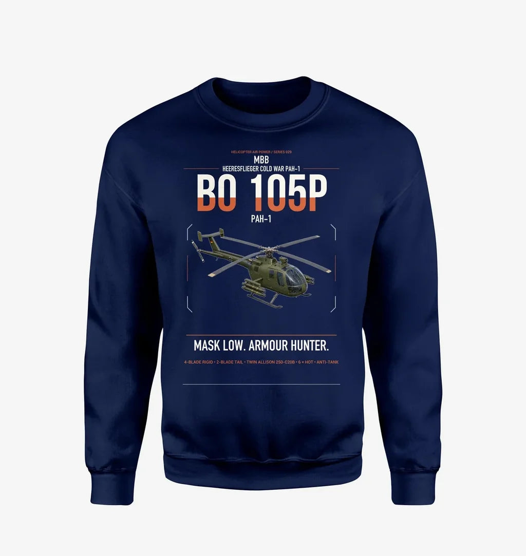 MBB BO 105P PAH-1 design on navy blue sweatshirt