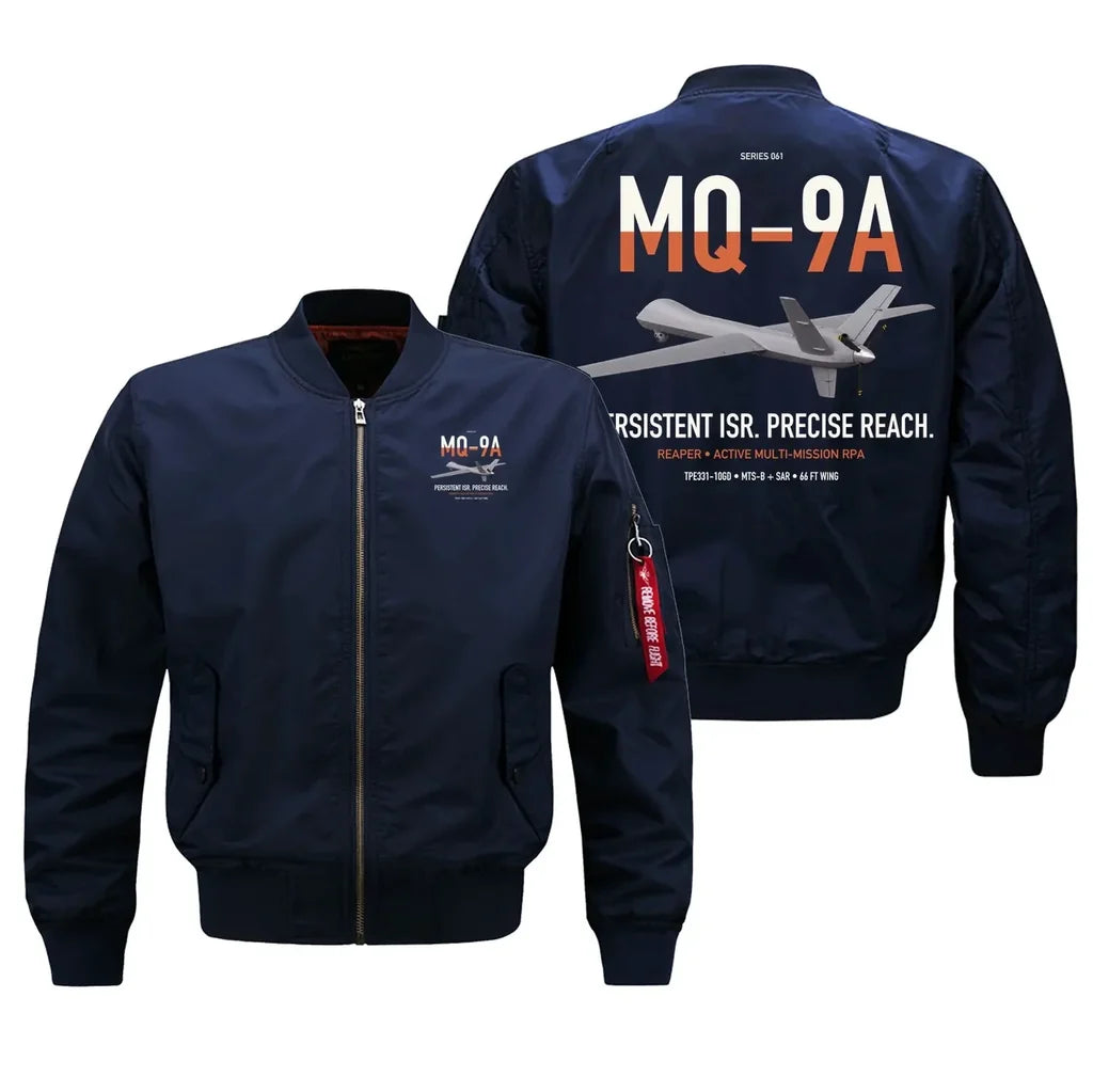 MQ-9A Reaper design on blue bomber jacket, double-side print