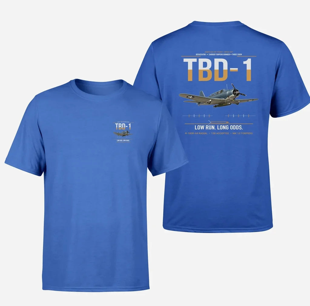 TBD-1 Devastator design on blue double-side t-shirt, double-side print