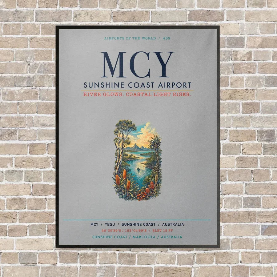 Sunshine Coast Airport MCY vertical canvas print - framed - light gray background