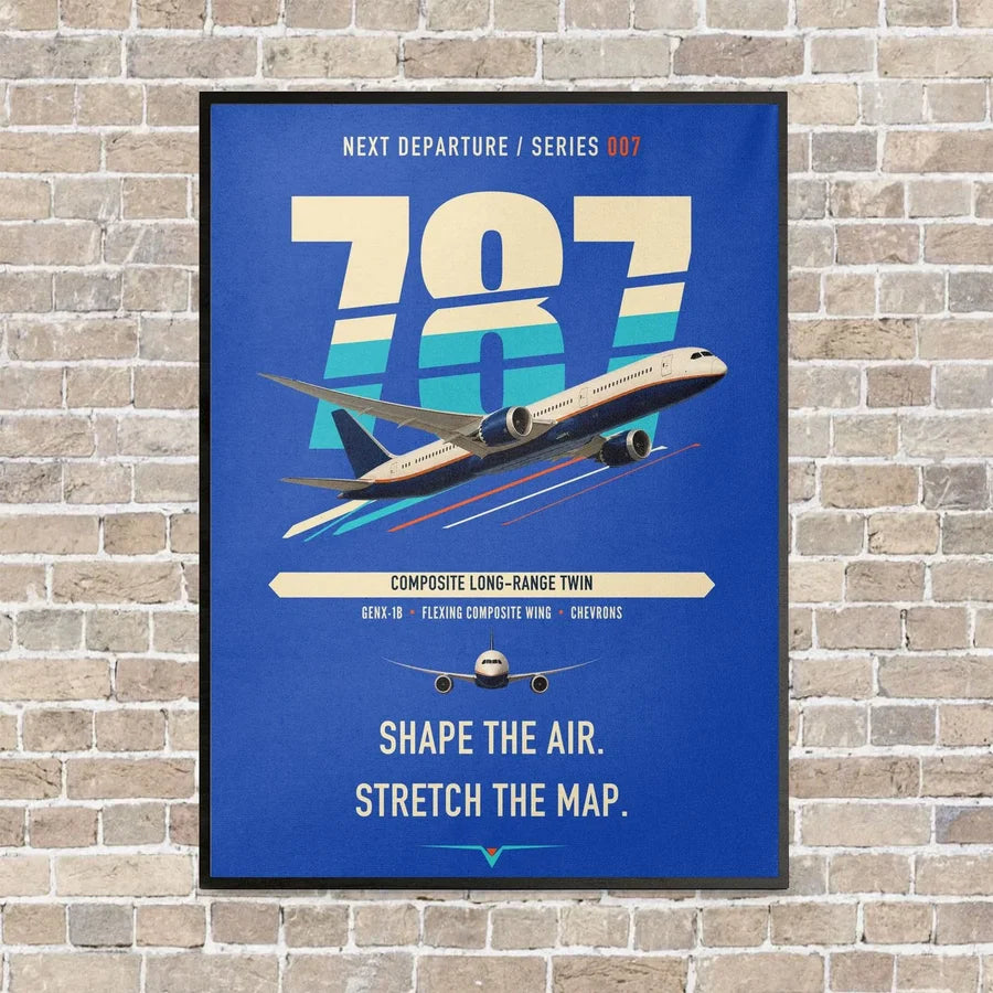 Boeing 787-9 Dreamliner vertical canvas print - framed - blue background