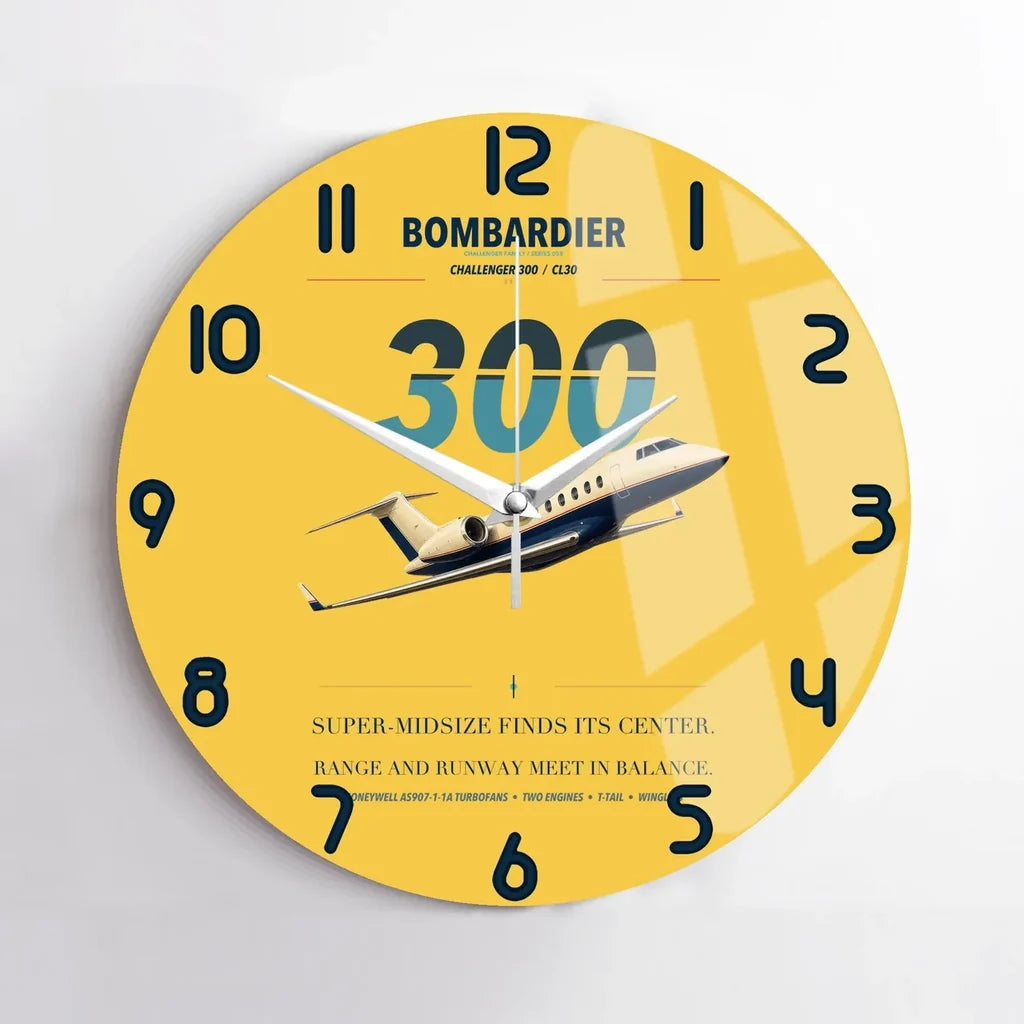 Bombardier Challenger 300 design on yellow no frame wall clock
