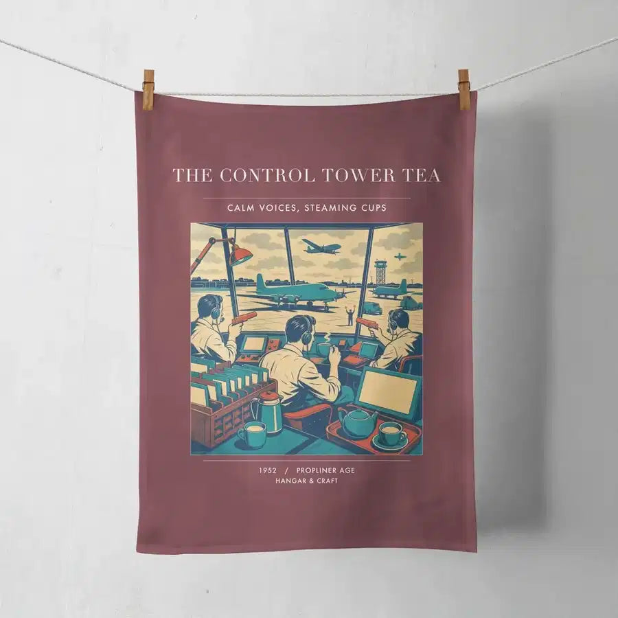 VINTAGE G4375 - The Control Tower Tea - Designed Towels design on darkred