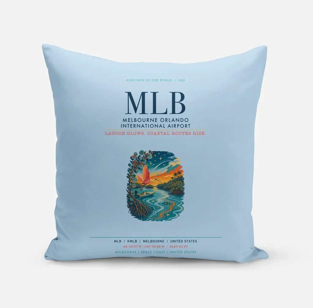Melbourne Orlando International Airport (MLB) design on light blue pillow