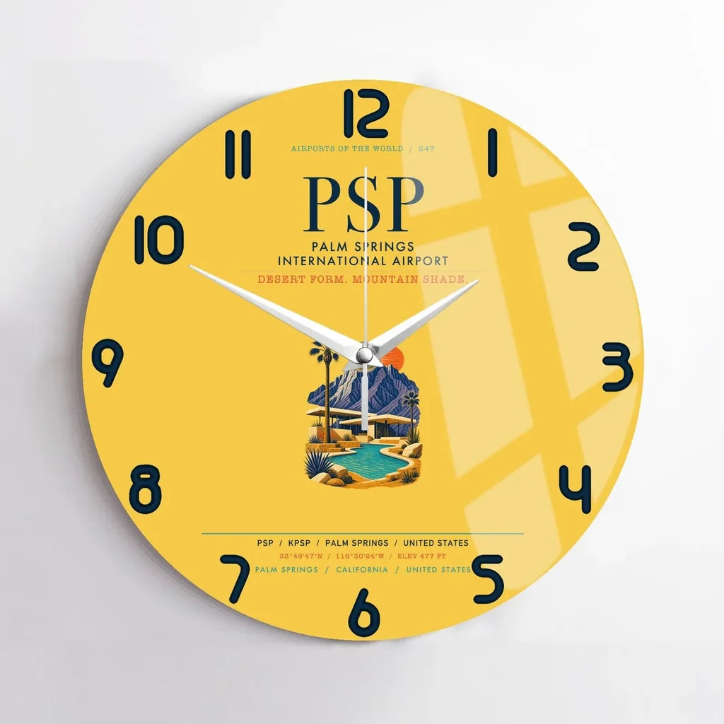 Palm Springs International Airport (PSP) design on yellow no frame wall clock