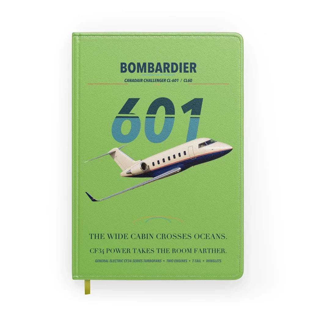 Bombardier Challenger 601 design on light green notebook
