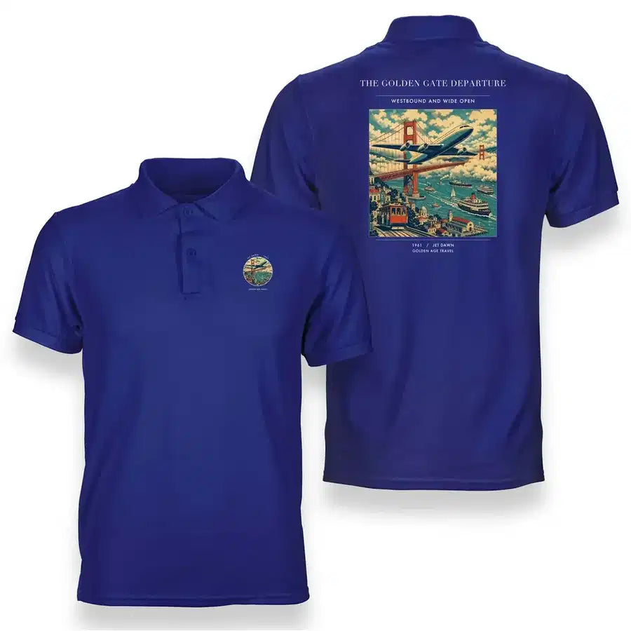 VINTAGE G4116 - The Golden Gate Departure - Double-Side Polo T-Shirt design on blue