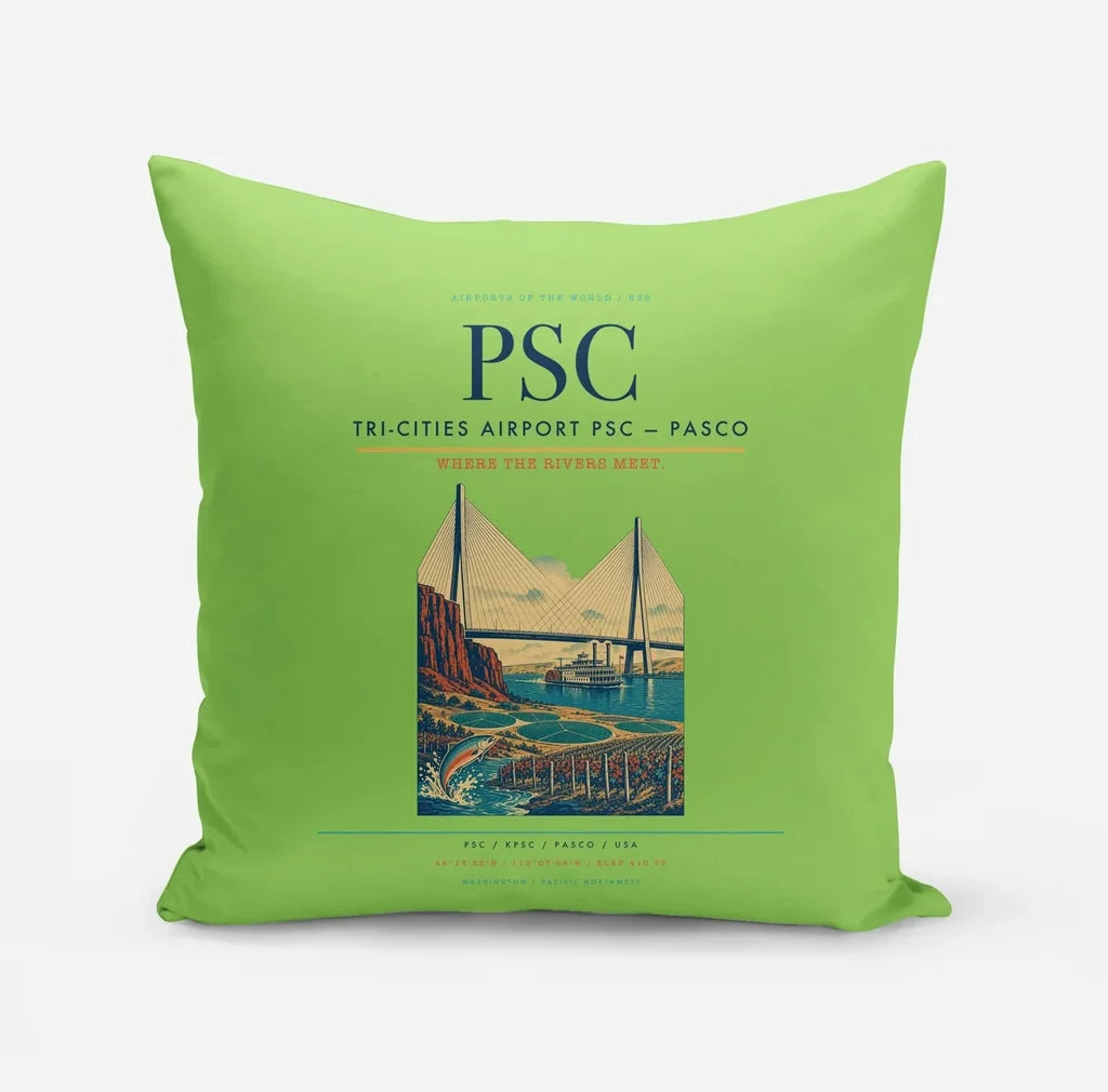 Tri-Cities Airport (PSC) design on light green pillow