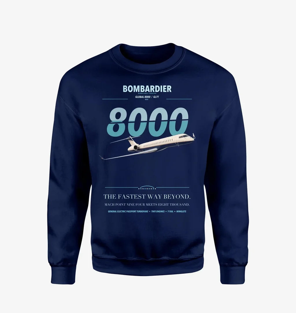 Bombardier Global 8000 design on navy blue sweatshirt