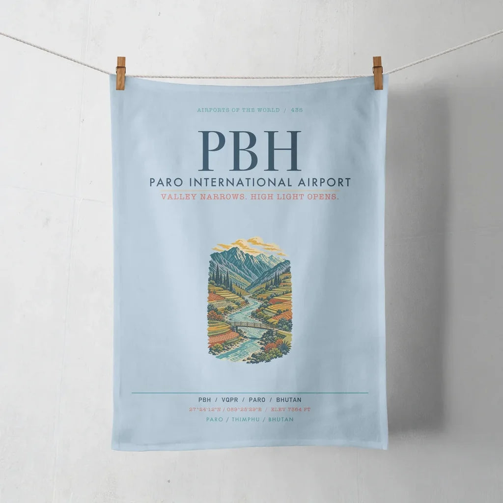 Paro International Airport (PBH) design on light blue towel