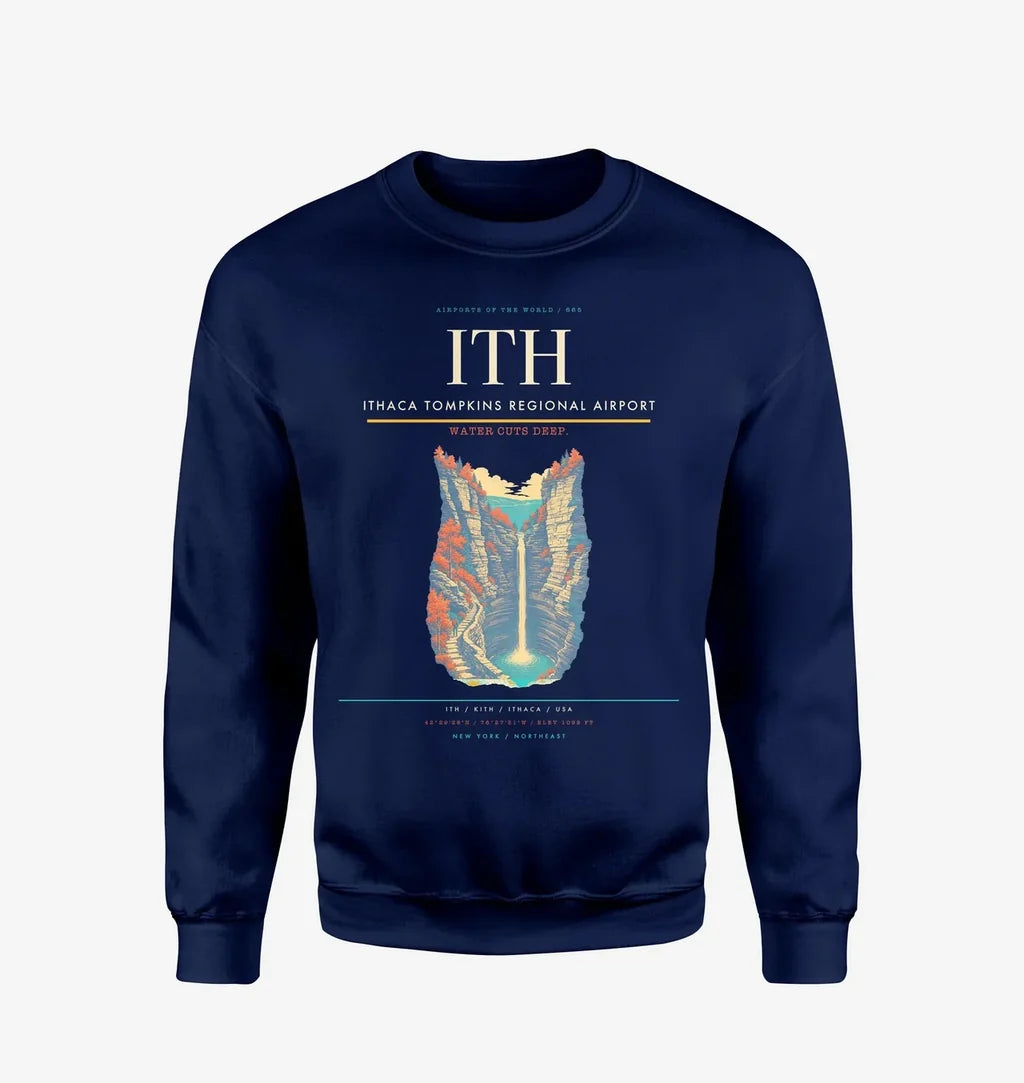 Ithaca Tompkins Regional Airport (ITH) design on navy blue sweatshirt