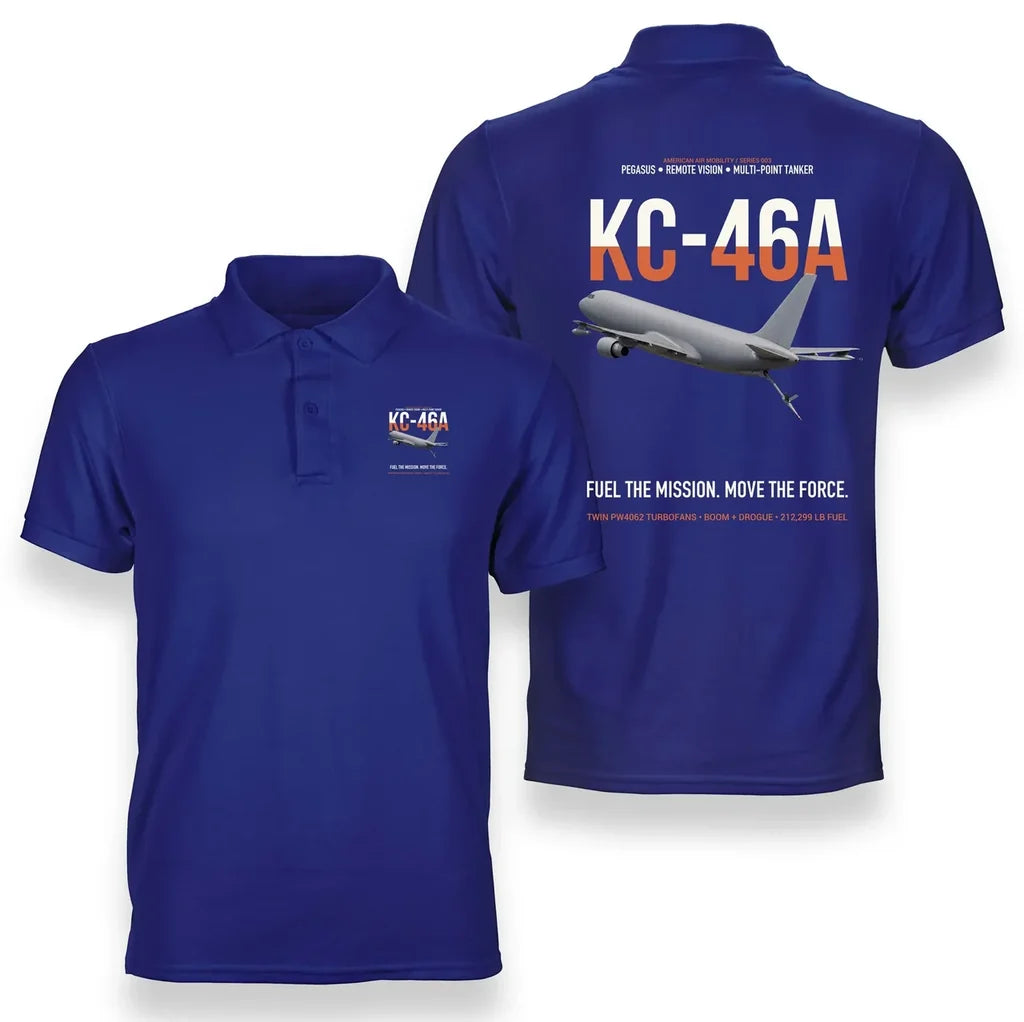 KC-46A PEGASUS design on blue double-side polo t-shirt, double-side print