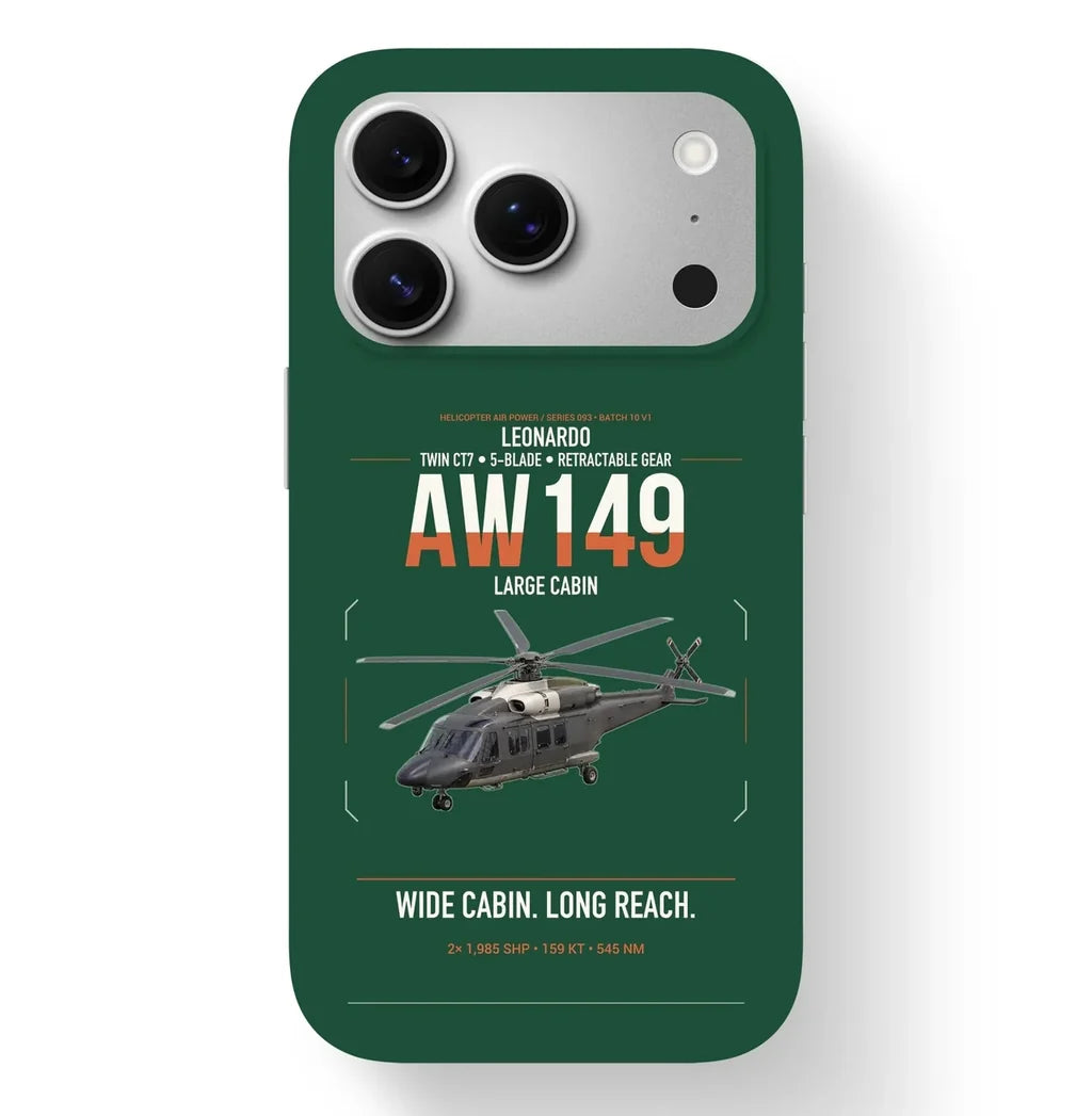 Leonardo AW149 design on dark green magsafe iphone case, for iPhone 17 Pro