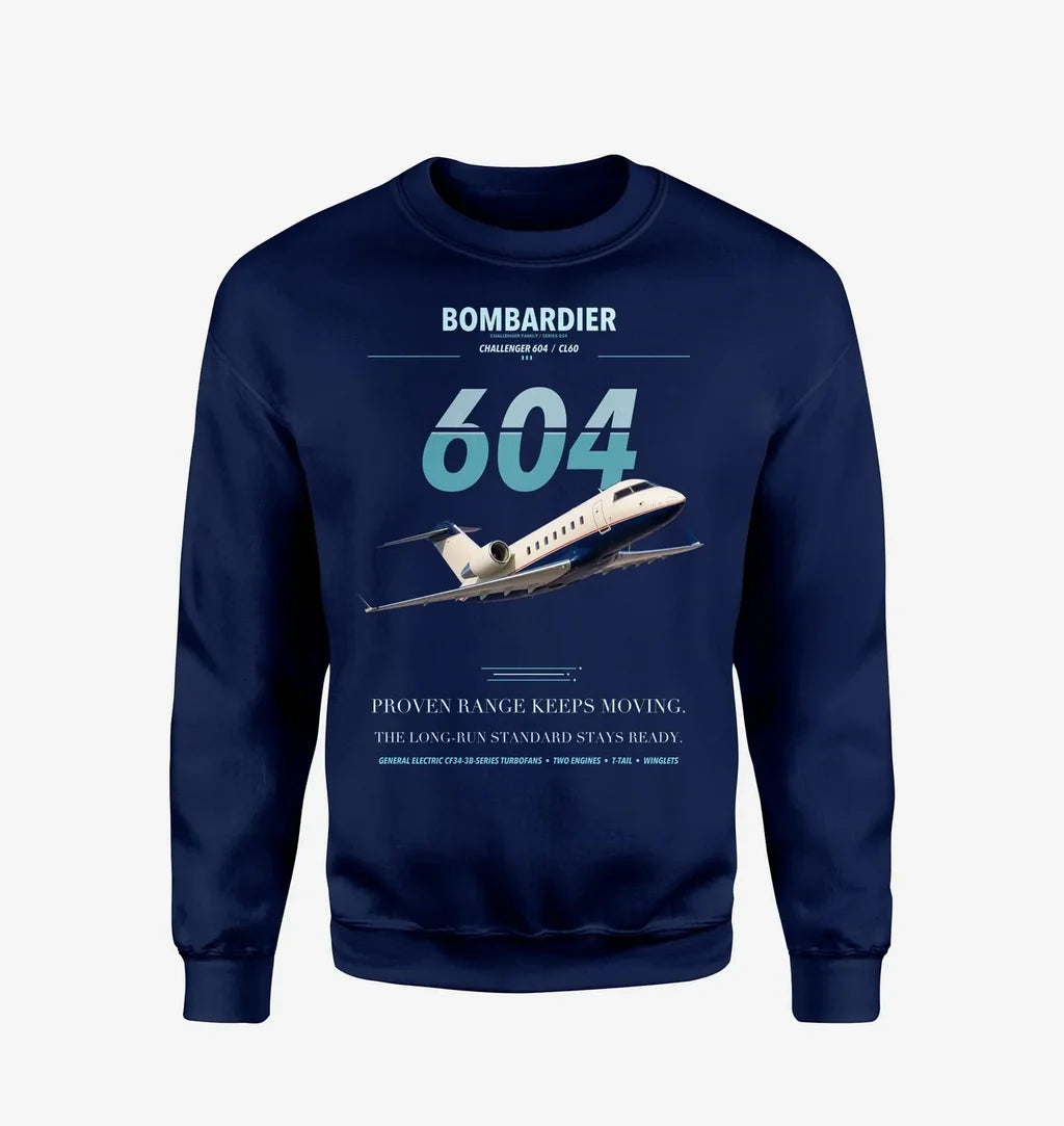 Bombardier Challenger 604 design on navy blue sweatshirt