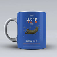 Thumbnail for Piasecki H-21C Shawnee design on blue ceramic mug, double-side print