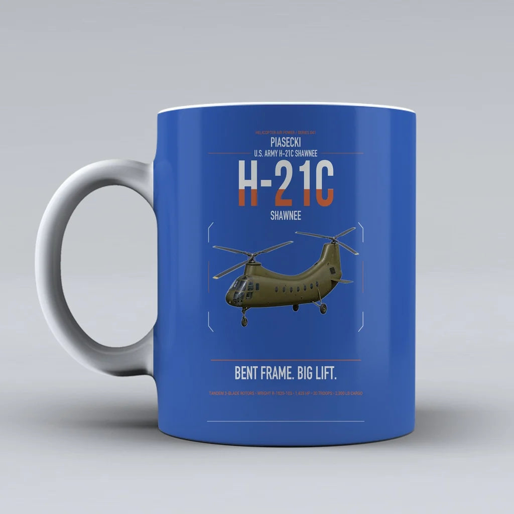 Piasecki H-21C Shawnee design on blue ceramic mug, double-side print