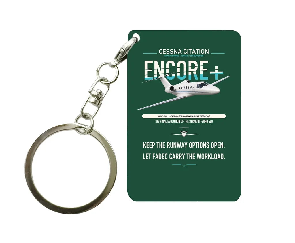 Cessna Citation Encore+ design on dark green designed key chain, double-side print