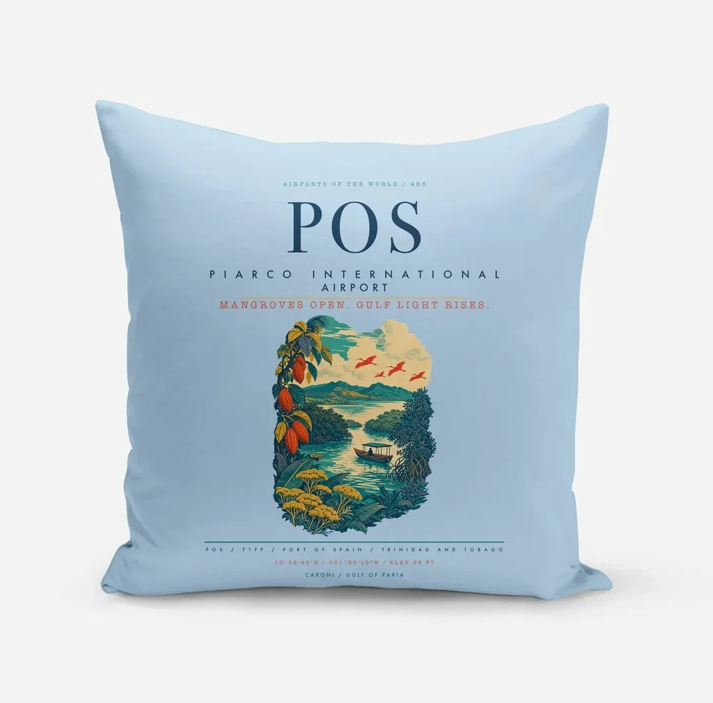 Piarco International Airport (POS) design on light blue pillow