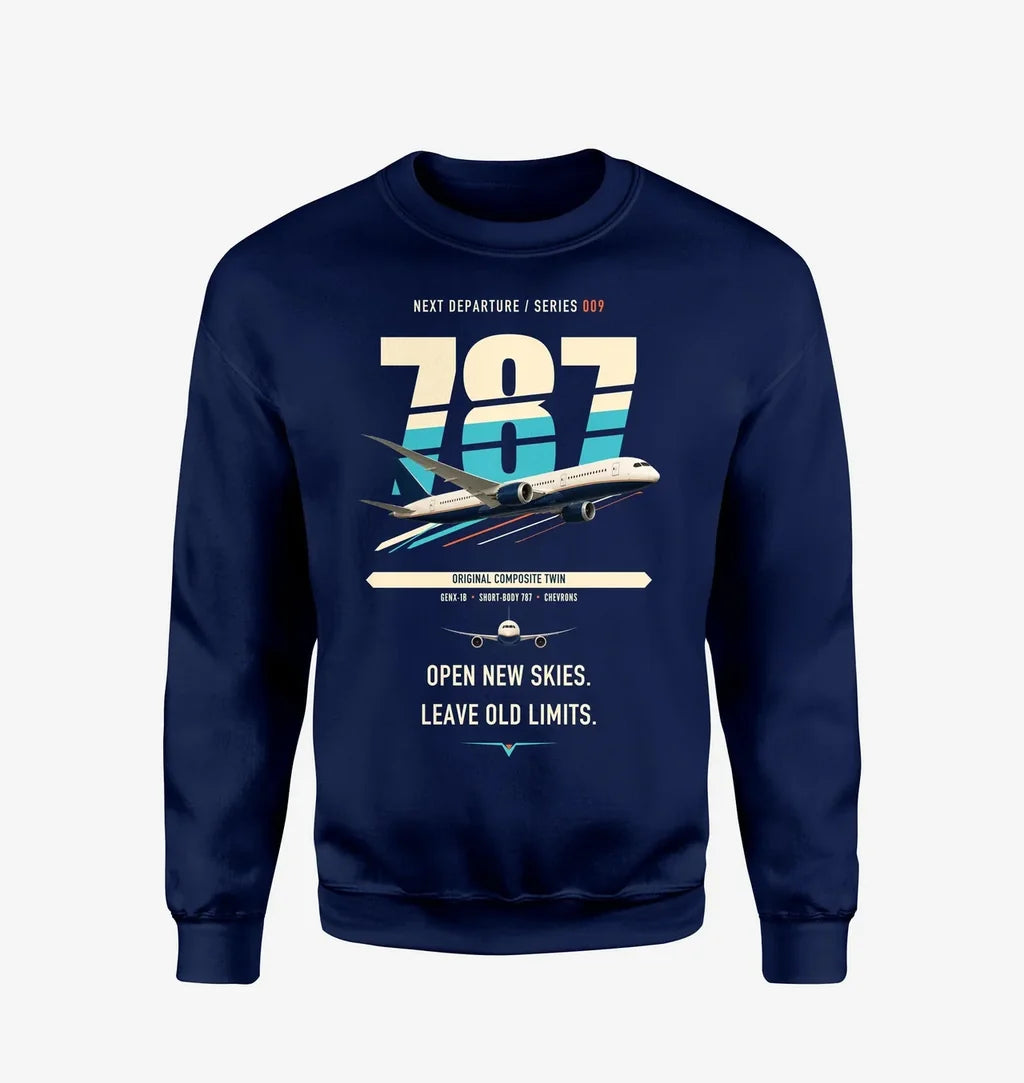 Boeing 787-8 Dreamliner design on navy blue sweatshirt