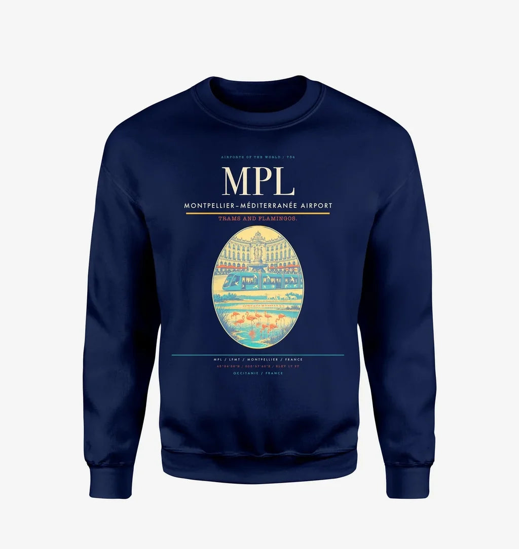 Montpellier–Méditerranée Airport (MPL) design on navy blue sweatshirt