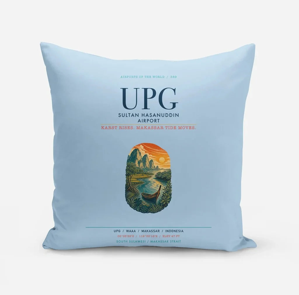 Sultan Hasanuddin Airport (UPG) design on light blue pillow