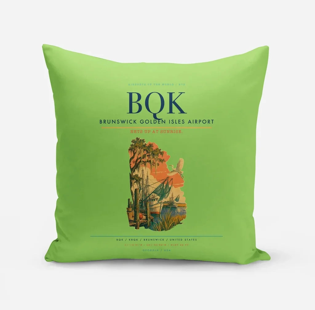 Brunswick Golden Isles Airport (BQK) design on light green pillow