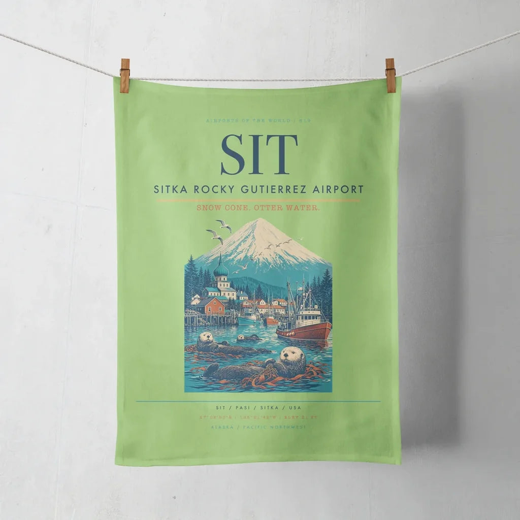 Sitka Rocky Gutierrez Airport (SIT) design on light green towel