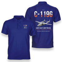 Thumbnail for C-119G Flying Boxcar design on blue double-side polo t-shirt, double-side print