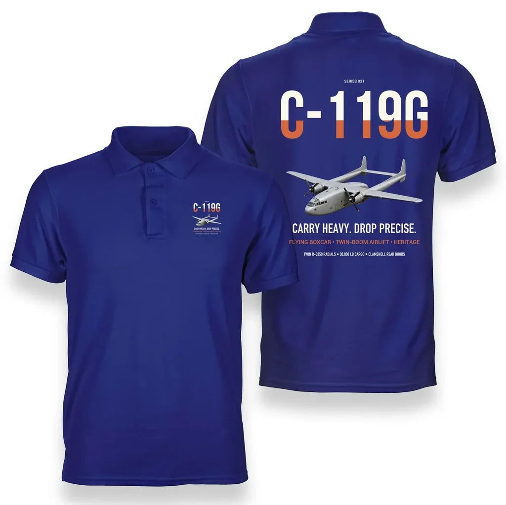 C-119G Flying Boxcar design on blue double-side polo t-shirt, double-side print