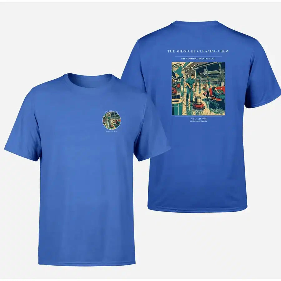 VINTAGE G4378 - The Midnight Cleaning Crew - Double-Side T-Shirt design on blue double side t shirt