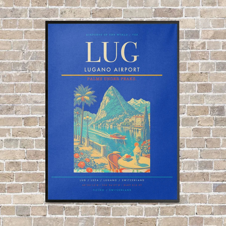 Lugano Airport LUG vertical canvas print - framed - blue background