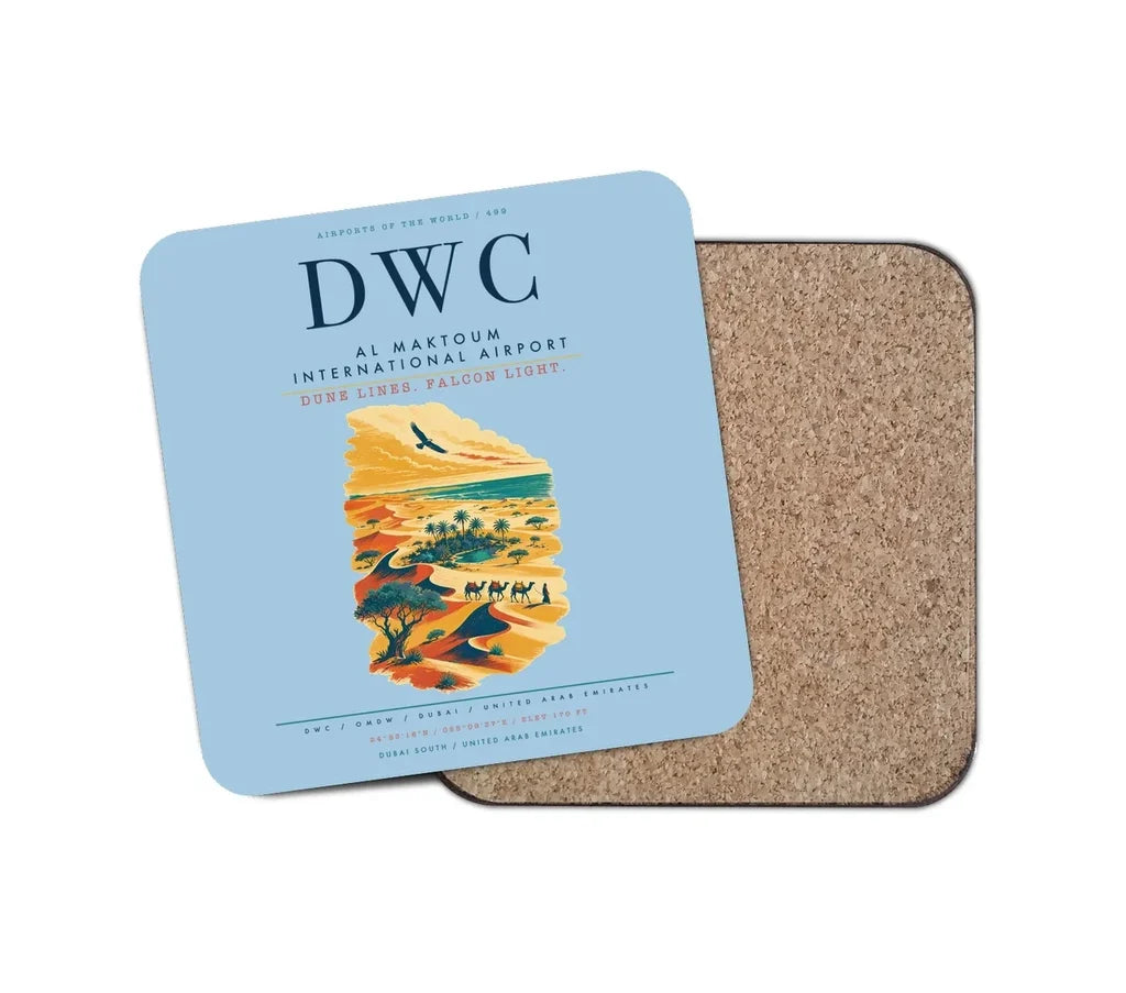 Al Maktoum International Airport (DWC) design on light blue 1 piece coaster