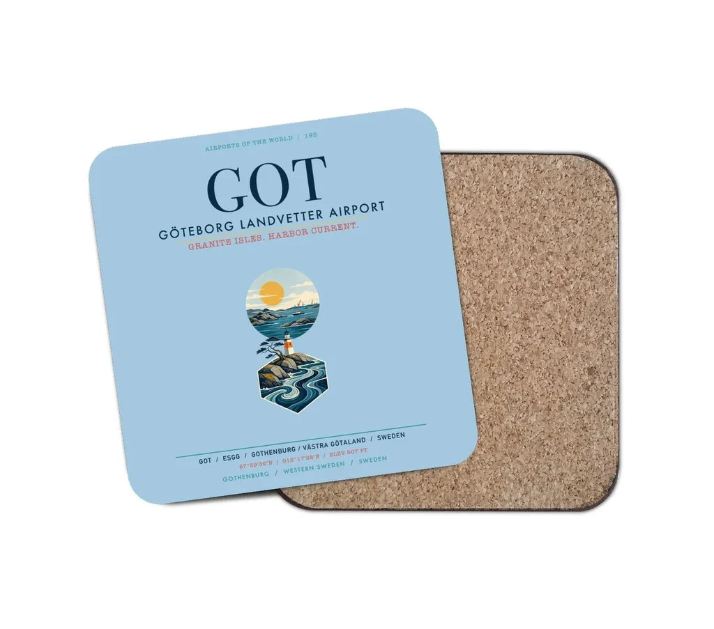 Göteborg Landvetter Airport (GOT) design on light blue 1 piece coaster