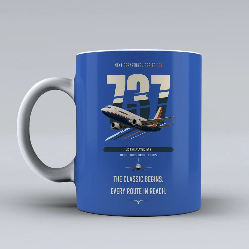 Boeing 737-300 Classic double-side print on blue ceramic mug
