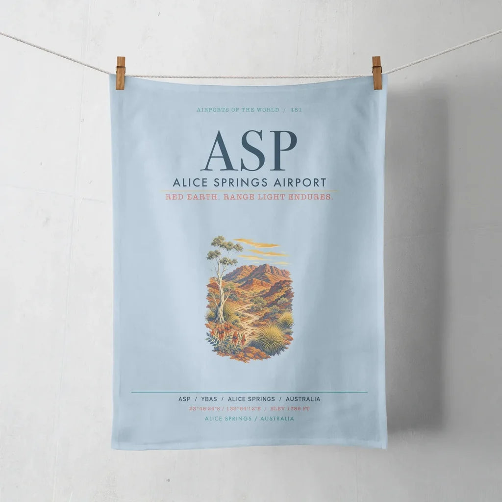 Alice Springs Airport (ASP) design on light blue towel