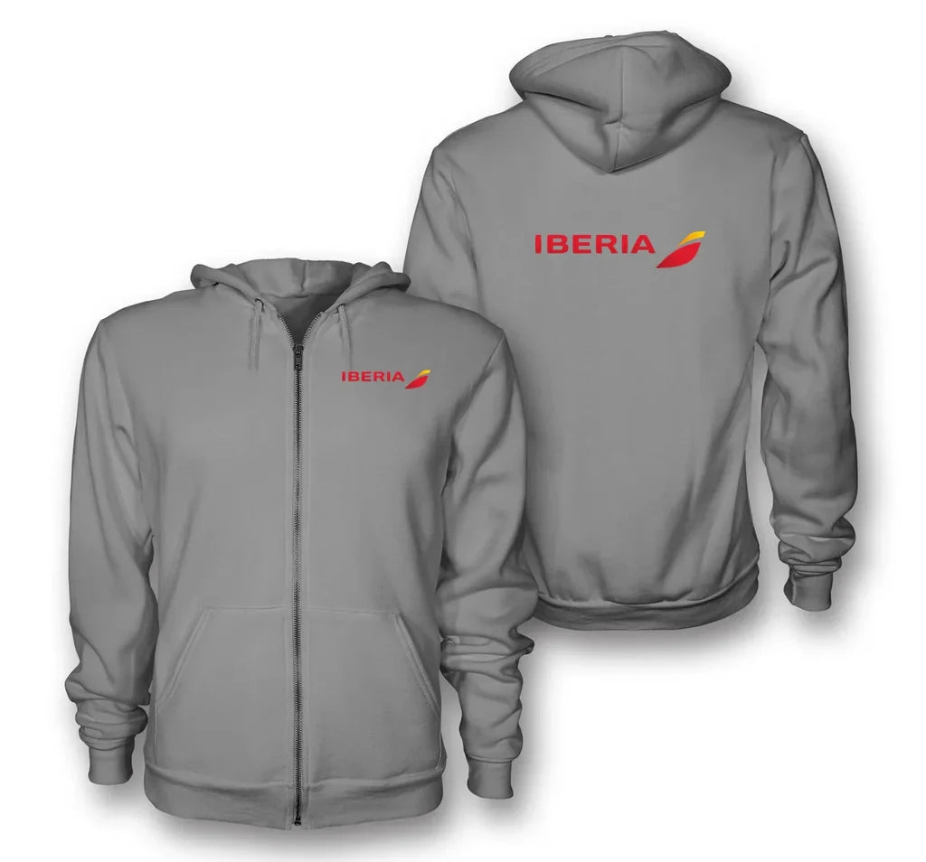 Iberia Airlines logo on gray zipped hoodie