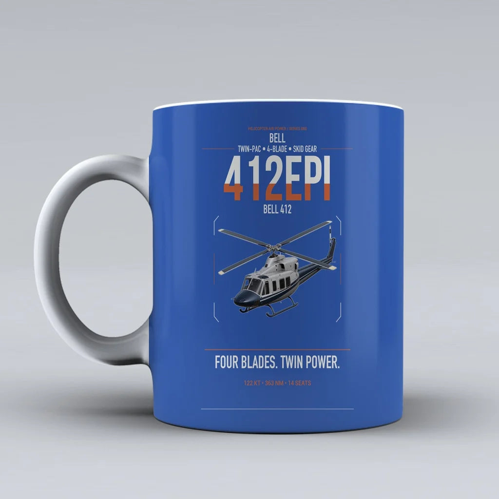 Bell 412EPI design on blue ceramic mug, double-side print