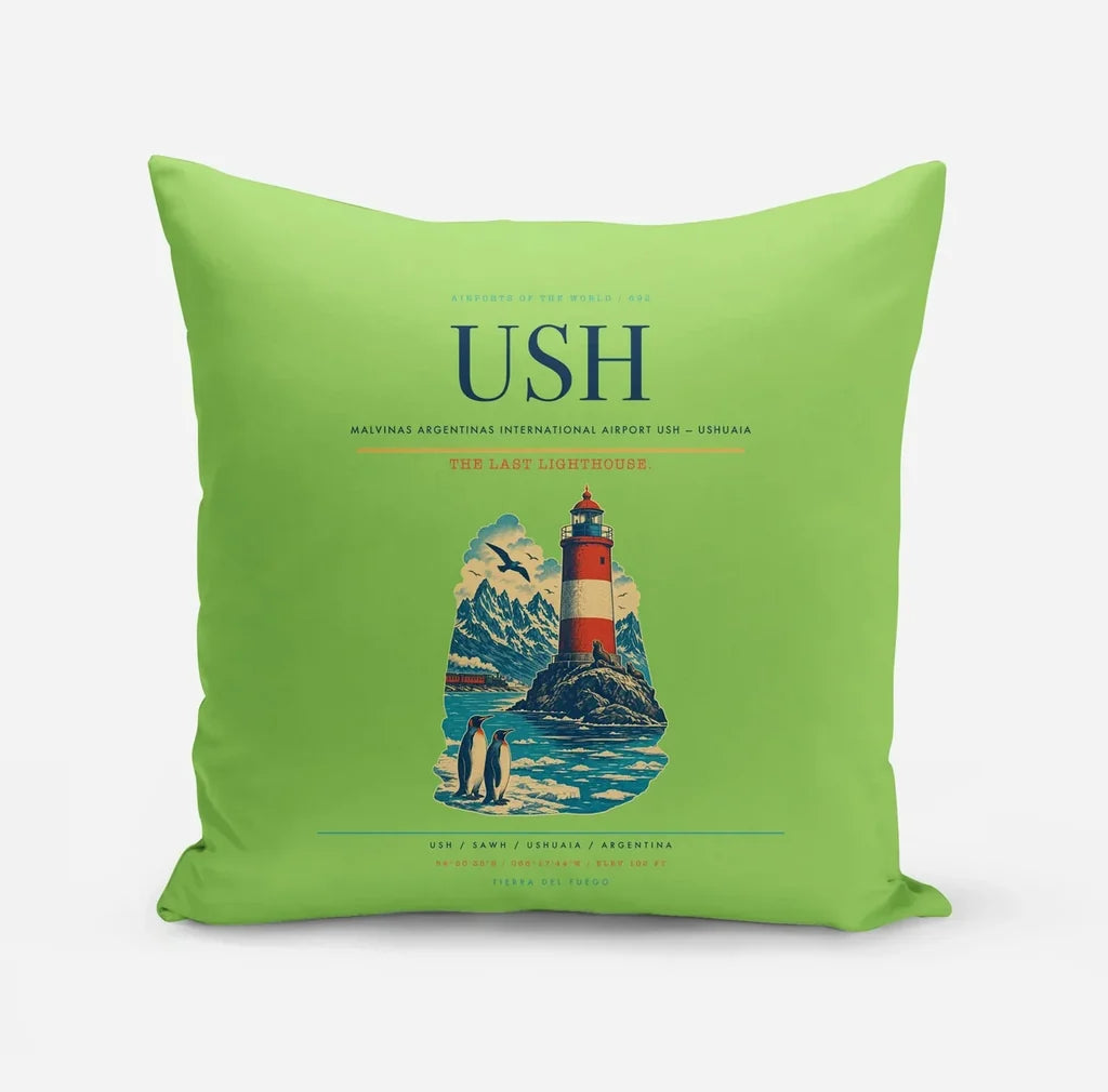 Malvinas Argentinas International Airport (USH) design on light green pillow