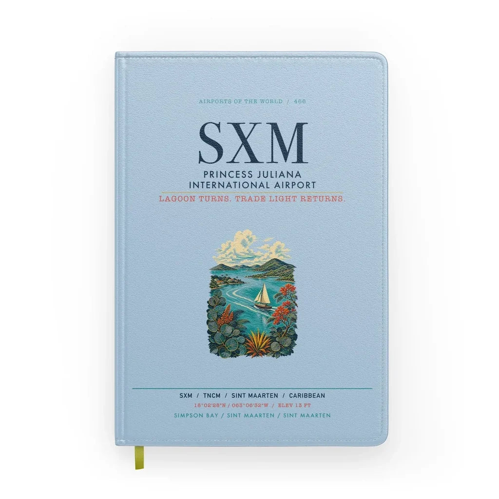 Princess Juliana International Airport Sint Maarten (SXM) design on light blue notebook