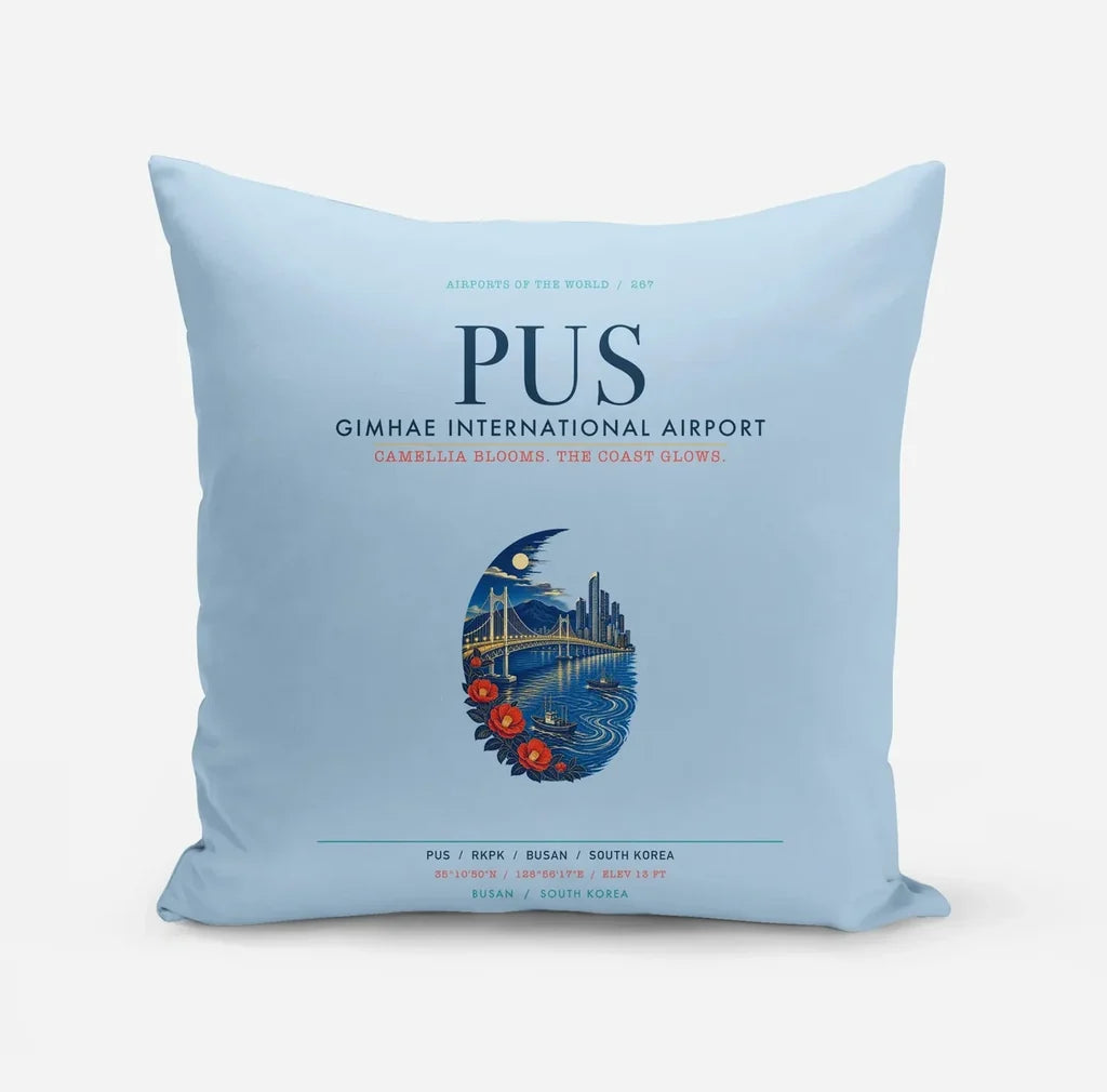Gimhae International Airport Busan (PUS) design on light blue pillow