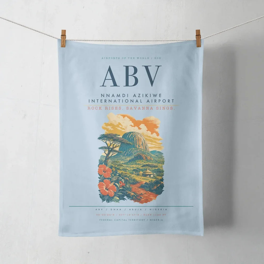 Nnamdi Azikiwe International Airport (ABV) design on light blue towel