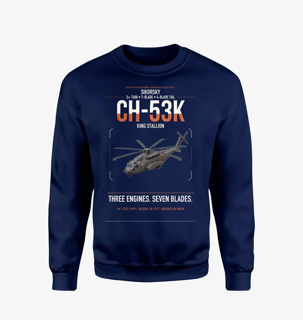 Sikorsky CH-53K King Stallion design on navy blue sweatshirt