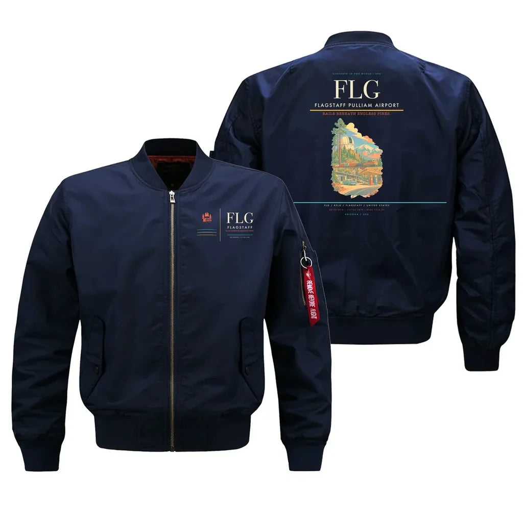 Flagstaff Pulliam Airport (FLG) design on blue bomber jacket