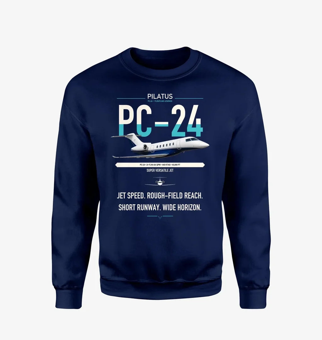 Pilatus PC-24 design on navy blue sweatshirt