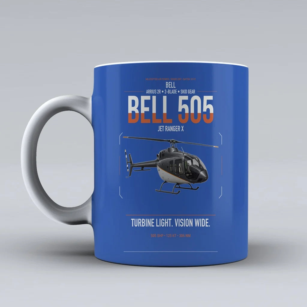 Bell 505 Jet Ranger X design on blue ceramic mug, double-side print