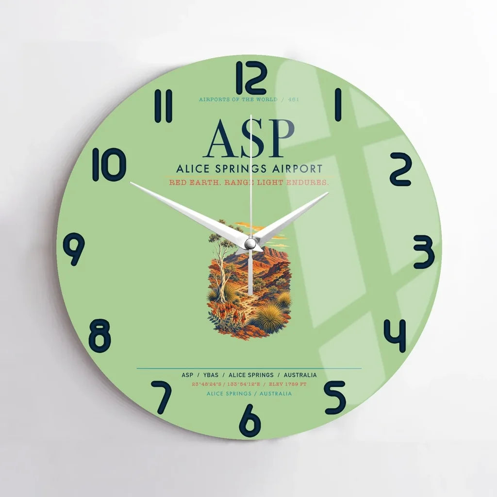 Alice Springs Airport (ASP) design on light green no frame wall clock