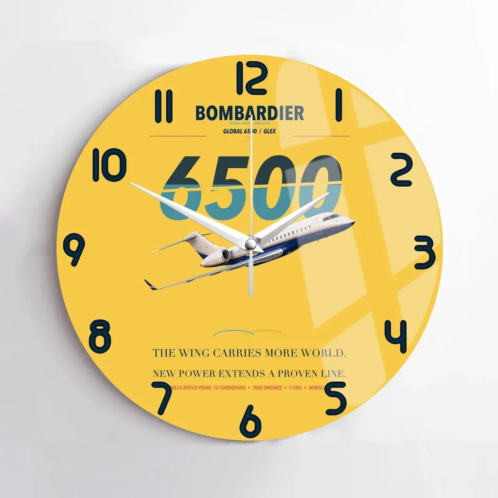 Bombardier Global 6500 design on yellow no frame wall clock
