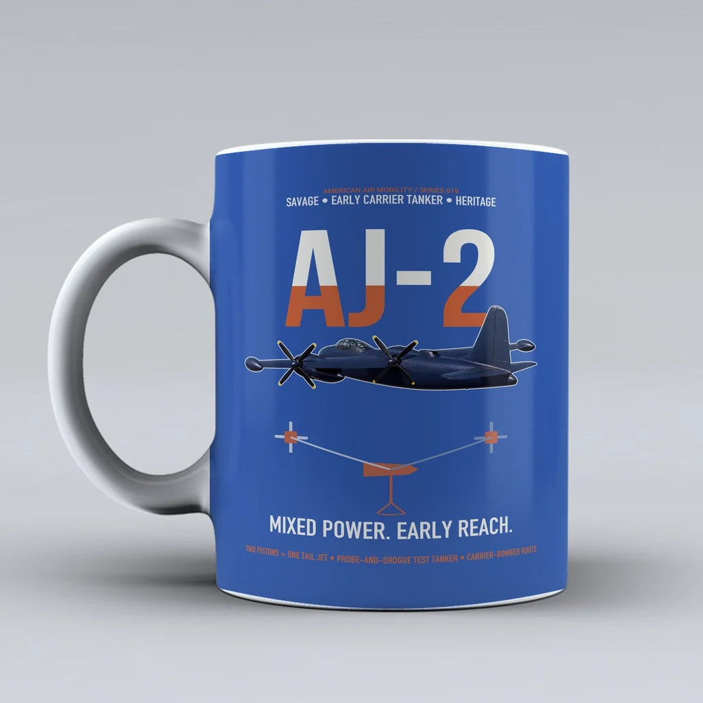 AJ-2 Savage Tanker design on blue ceramic mug, double-side print