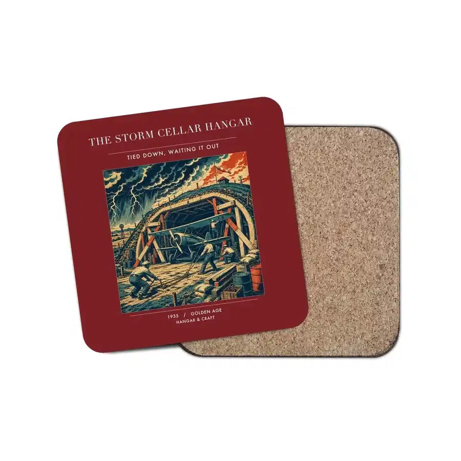 The Storm Cellar Hangar - Designed Coasters design on dark red 1-piece